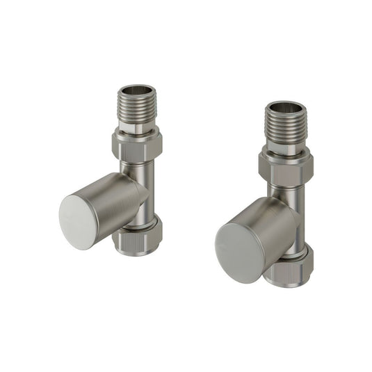 Pair of brushed stainless steel angled radiator valves for bathroom heating