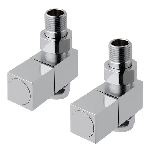 Pair of modern chrome angled radiator valves for bathroom heating