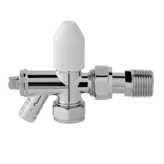 Chrome thermostatic radiator valve with white cap for bathroom plumbing
