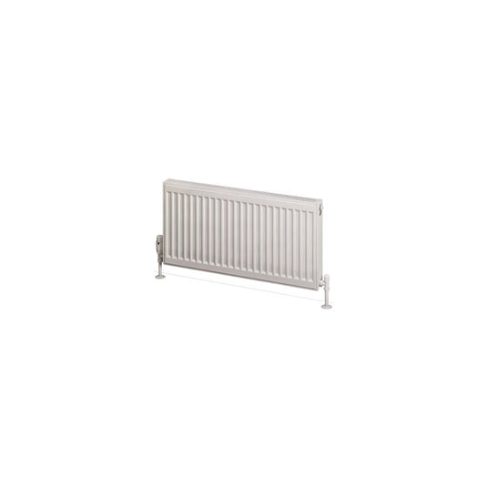 Horizontal white panel radiator with floor-mounted valves, modern bathroom heating