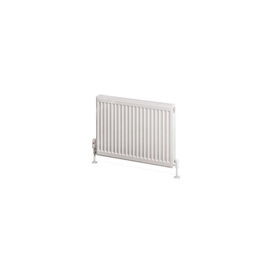 White horizontal panel radiator with vertical grooves and floor-mounted supports