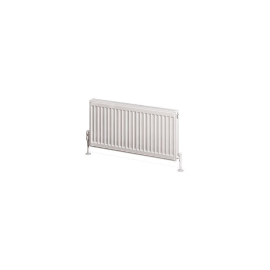 White horizontal panel radiator with floor-mounted valves for bathroom heating
