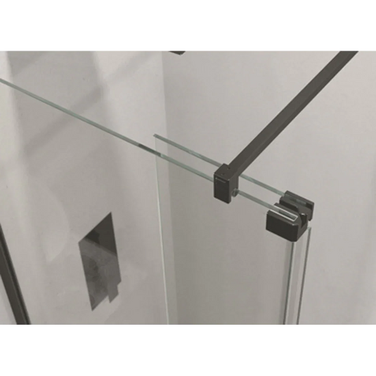 Frameless glass shower enclosure with black metal support bar in modern bathroom