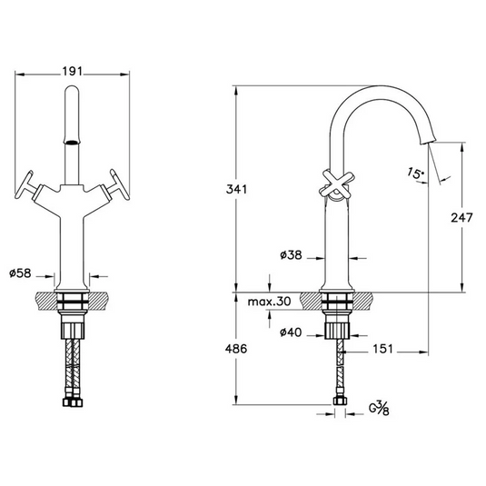VitrA Origin Classic Tall Basin Mixer (Cross Handles) - Matt Black - A4288636 - Envy Bathrooms Ltd