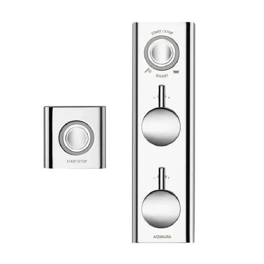 Modern chrome bathroom shower control panel with two round dials and a square start button
