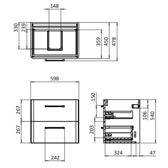 Britton Camberwell Wall Hung 2-Drawer Vanity Unit 600mm Wide - Warm Beige - Envy Bathrooms Ltd