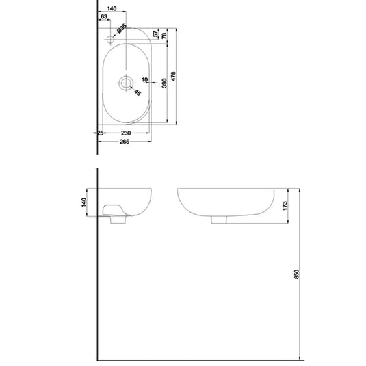 Britton Milan Right Handed Cloakroom Wall Hung Basin 478mm Wide - 1 Tap Hole - Envy Bathrooms Ltd
