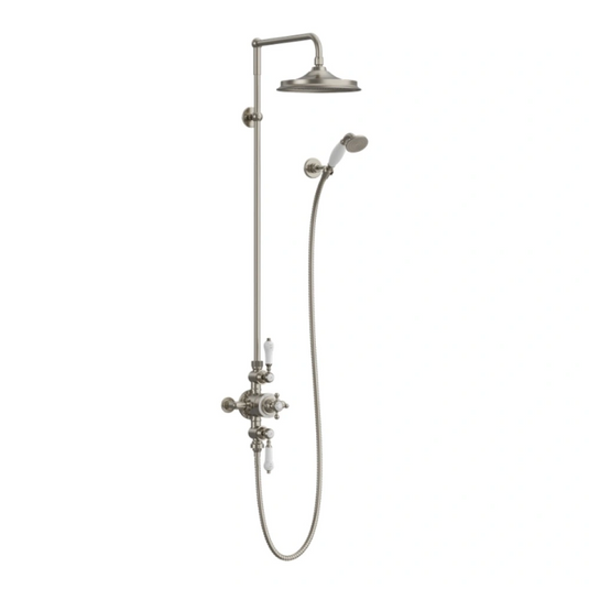 Burlington Avon Thermostatic Exposed Dual Outlet Shower Valve 9" Fixed Head & Handset Brushed Nickel | BAF3S-BNKL-17 - Envy Bathrooms Ltd