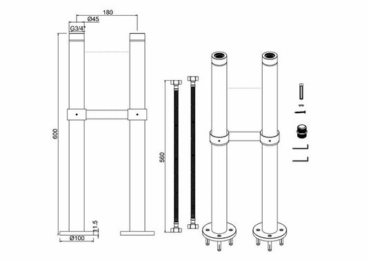 Burlington Freestanding Bath Standpipes with Support Bar Gold | W7-GOLD - Envy Bathrooms Ltd