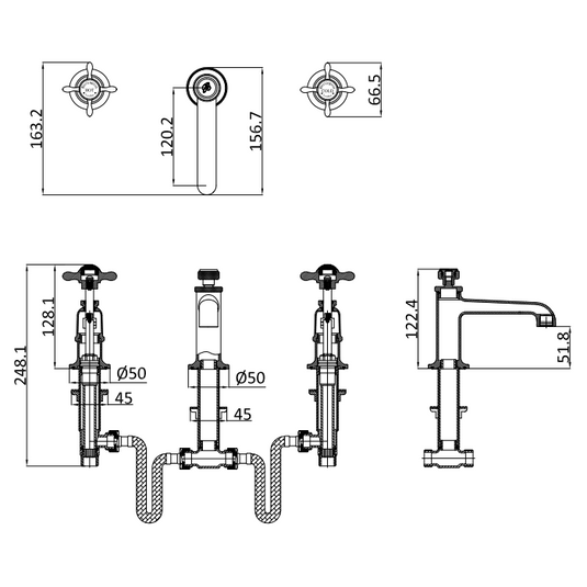 Burlington Guild 3TH Deck Mounted Basin Tap 128.1mm Brushed Nickel | GU135DNL - Envy Bathrooms Ltd