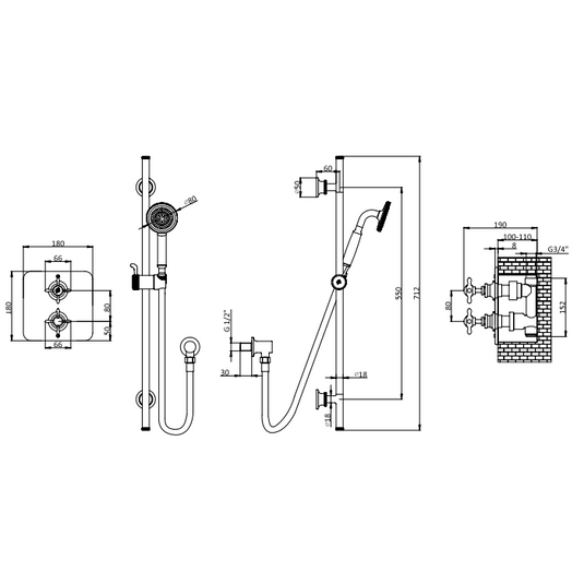 Burlington Guild Square Thermostatic Single Outlet Concealed Shower Valve with Rail Hose Handset & Outlet Elbow Brushed Nickel | GUSHOWERPACKSQ1L - Envy Bathrooms Ltd