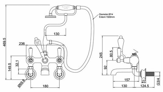 Burlington Kensington Regent Wall Mounted Bath Shower Mixer Chrome | KER17 - Envy Bathrooms Ltd