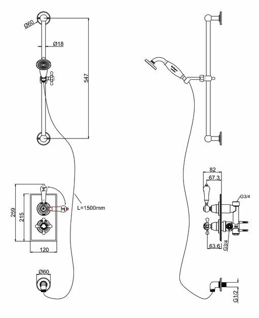 Burlington Trent Thermostatic Concealed Single Outlet Shower Valve with Slide Rail Hose & Handset Chrome | TF1H - Envy Bathrooms Ltd