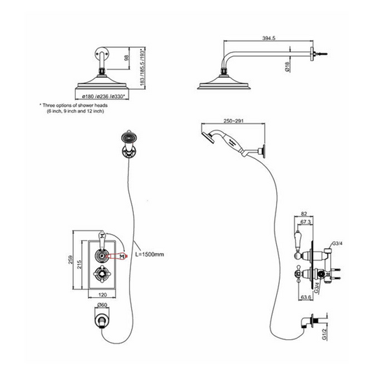 Burlington Trent Thermostatic Concealed Two Outlet Diverter Shower Valve Hose & Handset with 9" Fixed Head Brushed Nickel | TF2S-BNKL-17 - Envy Bathrooms Ltd