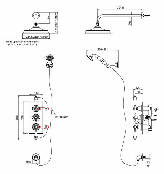 Burlington Trent Thermostatic Concealed Two Outlet Shower Valve Hose & Handset with Fixed Head Chrome | TF3S-V16 - Envy Bathrooms Ltd