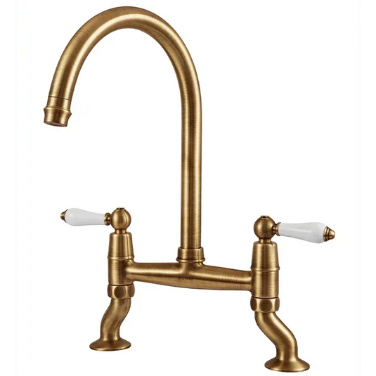 Clearwater Elegance Bridge Twin Lever Twist & Spray Kitchen Sink Mixer Tap - Brushed Brass - ELB10BB - Envy Bathrooms Ltd