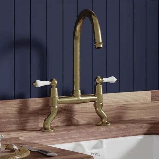 Clearwater Elegance Bridge Twin Lever Twist & Spray Kitchen Sink Mixer Tap - Brushed Brass - ELB10BB - Envy Bathrooms Ltd