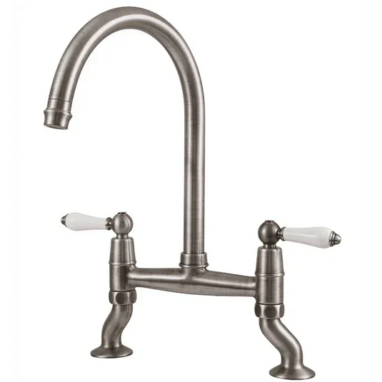 Clearwater Elegance Bridge Twin Lever Twist & Spray Kitchen Sink Mixer Tap - Brushed Nickel - ELB10BN - Envy Bathrooms Ltd