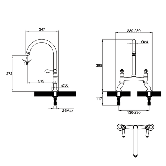 Clearwater Elegance Bridge Twin Lever Twist & Spray Kitchen Sink Mixer Tap - Chrome - ELB10CP - Envy Bathrooms Ltd