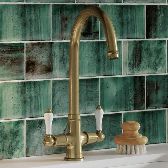 Clearwater Elegance C Twin Lever Twist & Spray Monobloc Kitchen Sink Mixer Tap - Brushed Brass - EL20BB - Envy Bathrooms Ltd