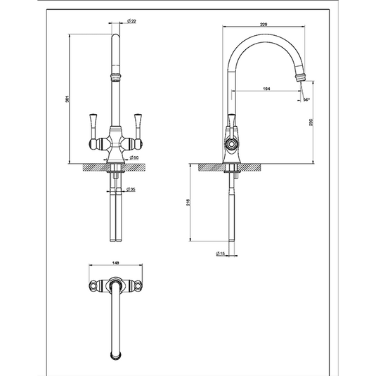 Clearwater Regent C Twin Lever Monobloc Kitchen Sink Mixer Tap - Brushed Nickel - LANBN - Envy Bathrooms Ltd