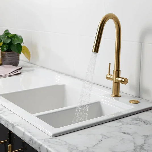 Clearwater Topaz J Dual Lever Twist & Spray Monobloc Kitchen Sink Mixer Tap - Brushed Brass - TOP20BB - Envy Bathrooms Ltd