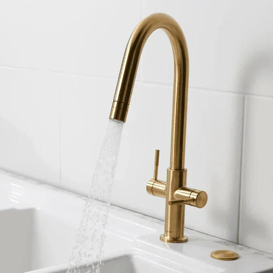 Clearwater Topaz J Dual Lever Twist & Spray Monobloc Kitchen Sink Mixer Tap - Brushed Brass - TOP20BB - Envy Bathrooms Ltd