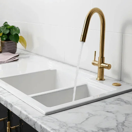 Clearwater Topaz J Dual Lever Twist & Spray Monobloc Kitchen Sink Mixer Tap - Brushed Brass - TOP20BB - Envy Bathrooms Ltd