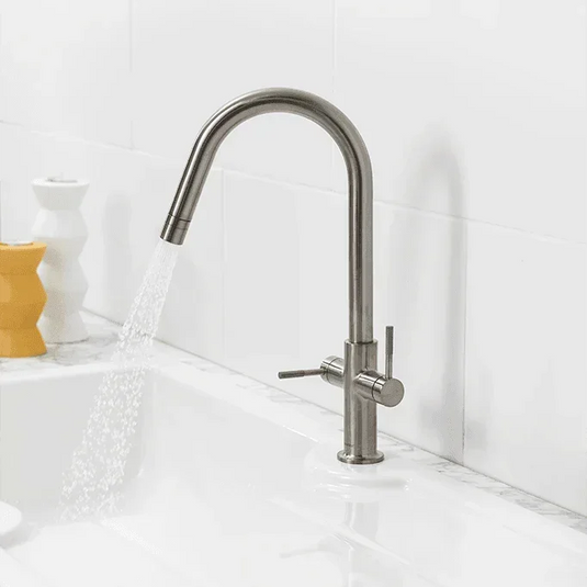Clearwater Topaz J Dual Lever Twist & Spray Monobloc Kitchen Sink Mixer Tap - Brushed Nickel - TOP20BN - Envy Bathrooms Ltd