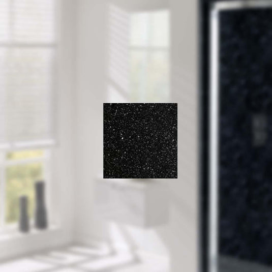 Black sparkle bathroom wall panel sample against a modern bathroom background