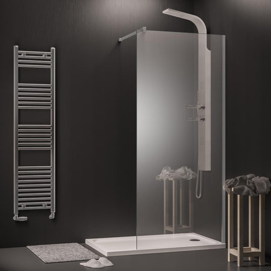 Modern walk-in shower with glass panel, rainfall shower, heated towel rail and dark decor