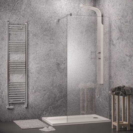 Modern walk-in shower with glass screen, rainfall shower panel, heated towel rail, and grey stone walls