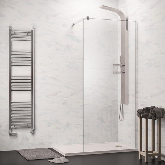 Modern walk-in shower with glass panel, rainfall shower tower, and chrome towel radiator