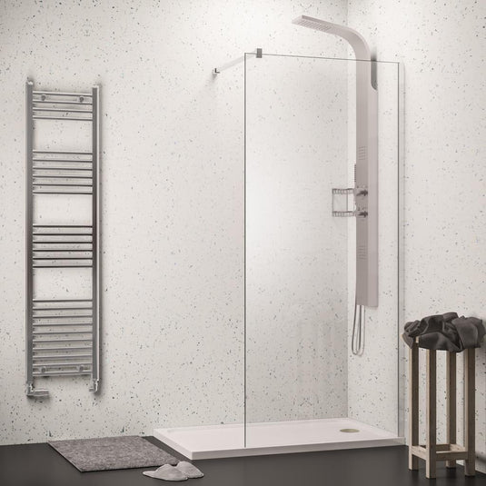 Modern walk-in shower with glass screen, rainfall shower panel, heated towel rail, and grey mat