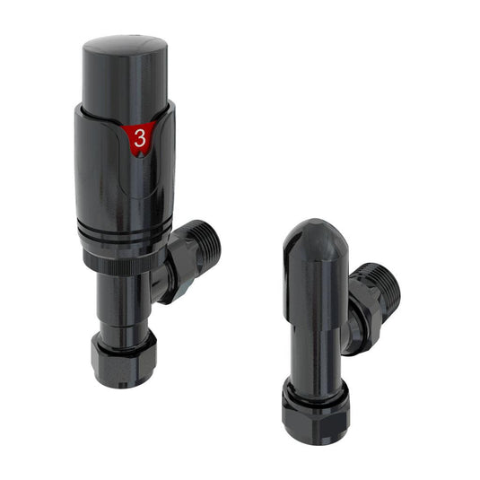 Black angled radiator valves set, modern bathroom heating accessory, close-up view