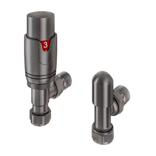 Pair of angled anthracite radiator valves with adjustable control, modern bathroom fitting