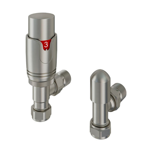 Pair of chrome angled radiator valves with temperature control and red indicator