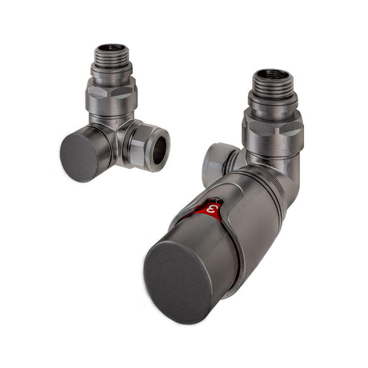 Pair of angled radiator valves in brushed gunmetal finish, isolated on white background