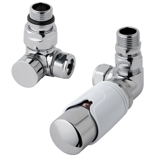 Chrome angled thermostatic radiator valve set for modern bathroom heating