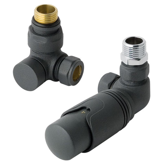 Pair of black angled radiator valves with matte finish and metallic fittings