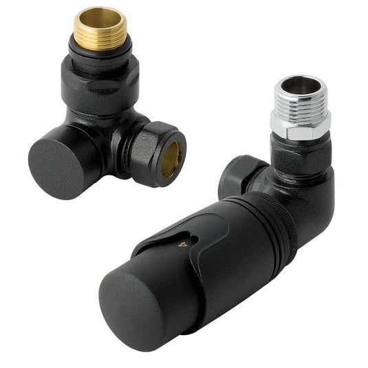 Black angled thermostatic radiator valves with metal fittings for bathroom heaters