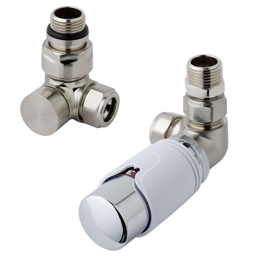 Angled thermostatic radiator valve set in brushed nickel finish for bathroom heating