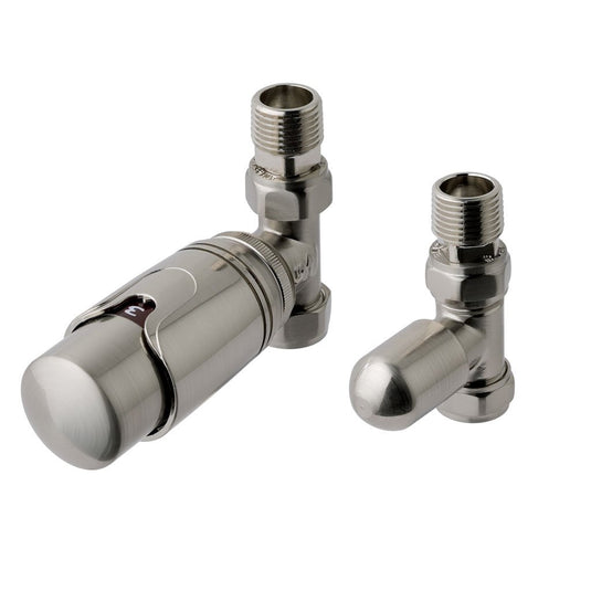 Brushed nickel thermostatic radiator valves set with angled design for bathroom heating systems