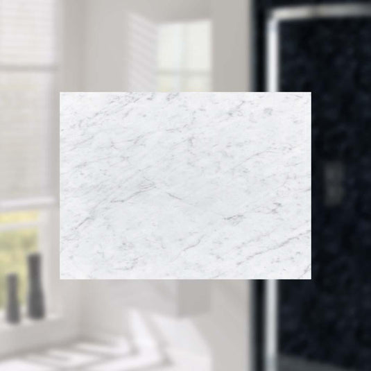 White marble effect bathroom wall panel with subtle grey veining in modern bathroom setting