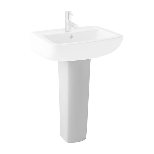 Modern white ceramic pedestal basin with chrome single lever tap for bathroom