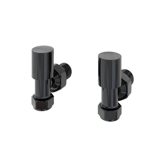 Pair of black angled radiator valves with modern cylindrical design on white background