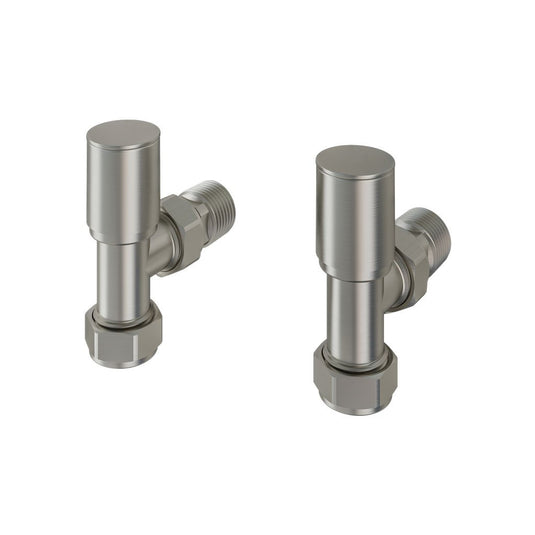 Pair of brushed steel angled radiator valves on a white background