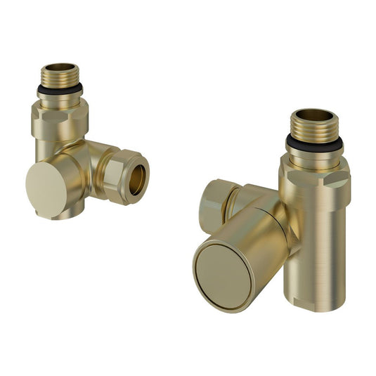 Pair of modern brushed brass radiator valves for bathroom heating systems