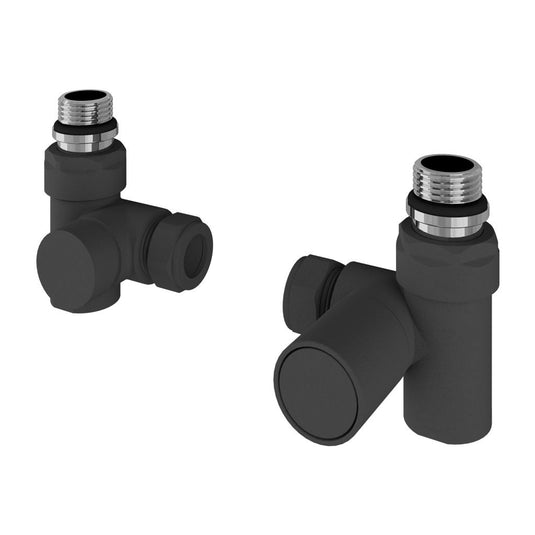 Pair of black angled radiator valves with modern matte finish for bathroom heating