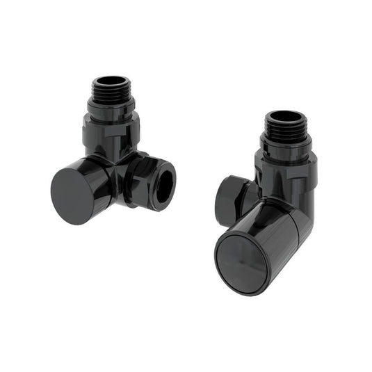 Pair of modern black angled radiator valves for bathroom heating systems